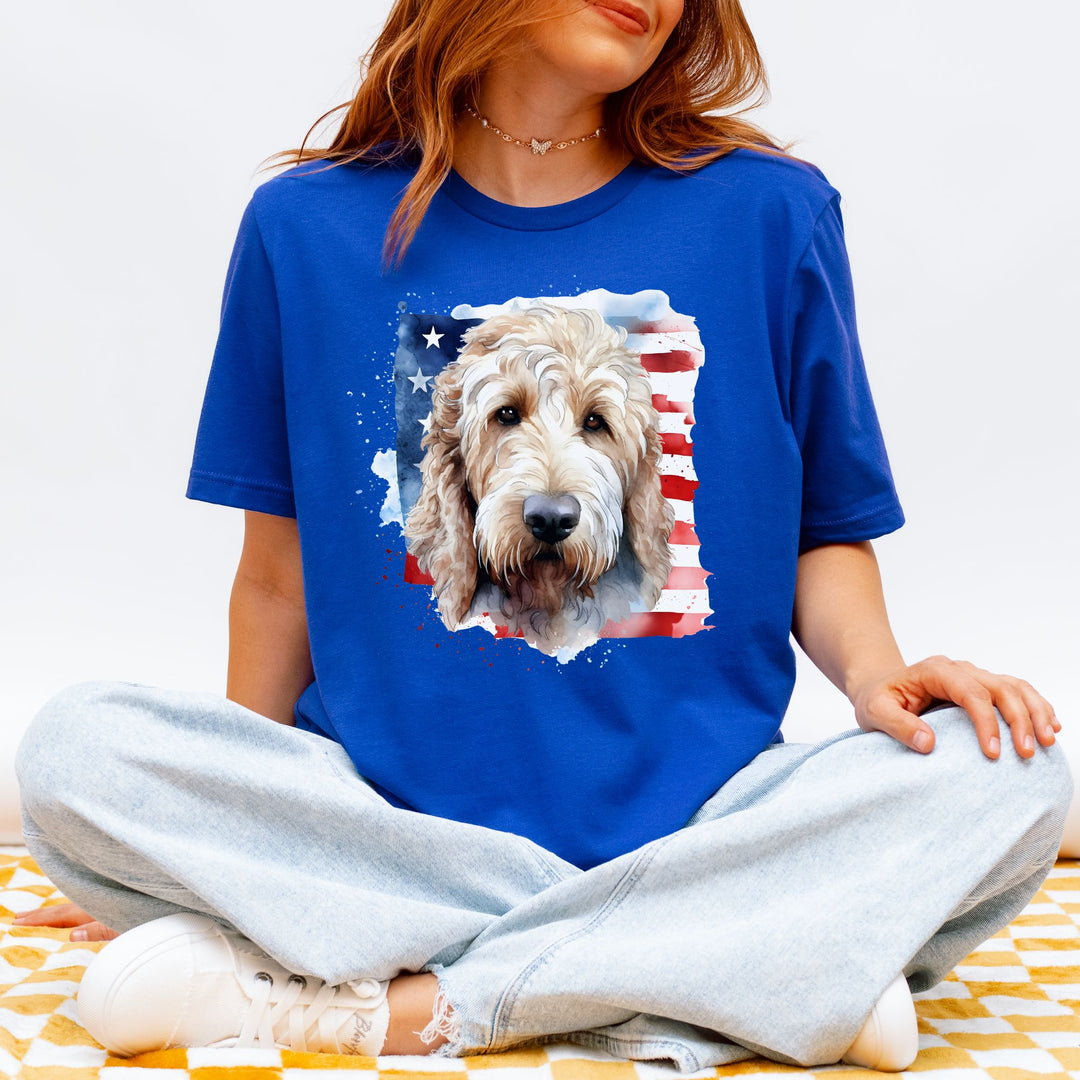Golden Doodle with American Flag Tee | Dog USA Flag Shirt - Embellish by Jackie - Handmade Greeting Cards