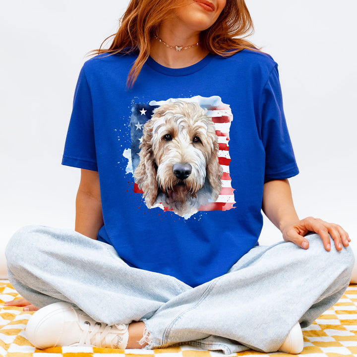 Golden Doodle with American Flag Tee | Dog USA Flag Shirt - Embellish by Jackie - Handmade Greeting Cards