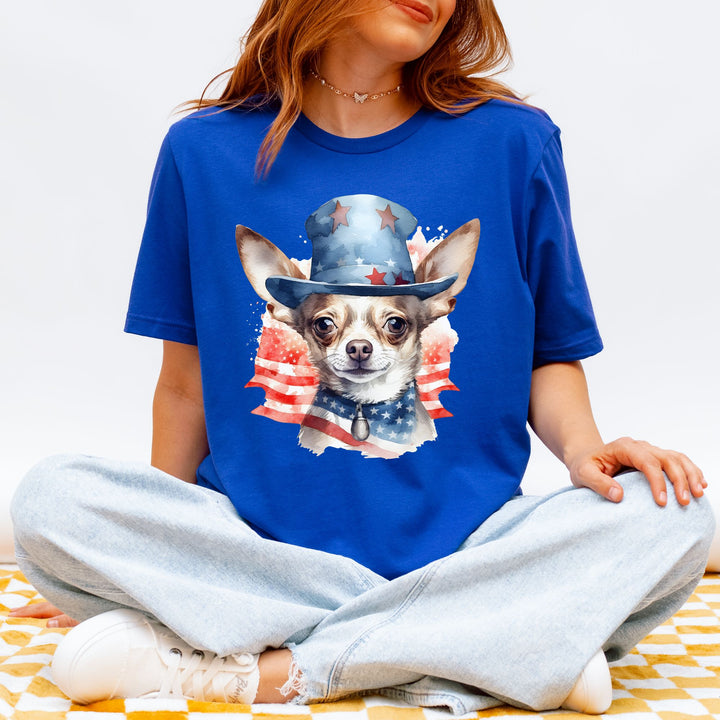 Patriotic Smooth Coat Chihuahua with American Flag Top Hat T-Shirt | Fourth of July Tee - Embellish by Jackie - Handmade Greeting Cards