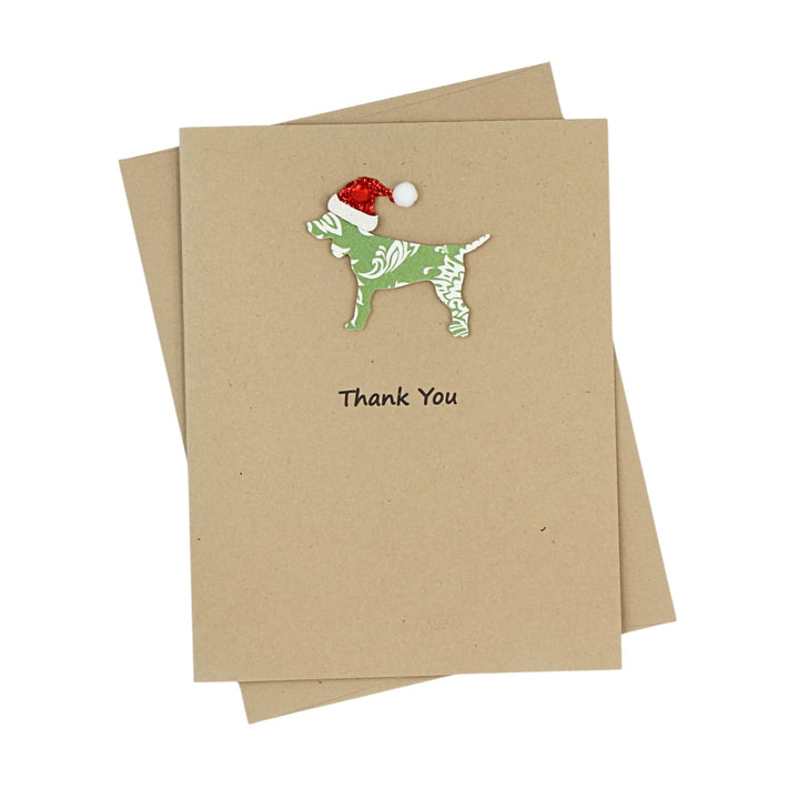 Dog Christmas Cards Single Green Damask Generic Dog with Santa Hat