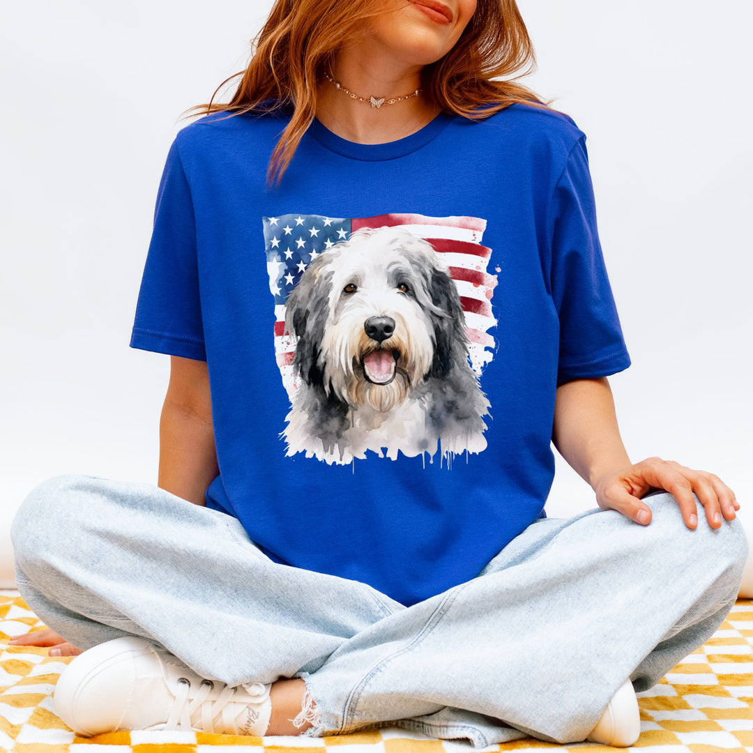 Old English Sheepdog American Flag T-Shirt | Dog Portrait Tee