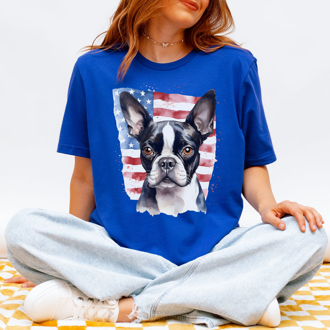 Boston Terrier with American Flag T-Shirt | Patriotic Dog Tee - Embellish by Jackie - Handmade Greeting Cards