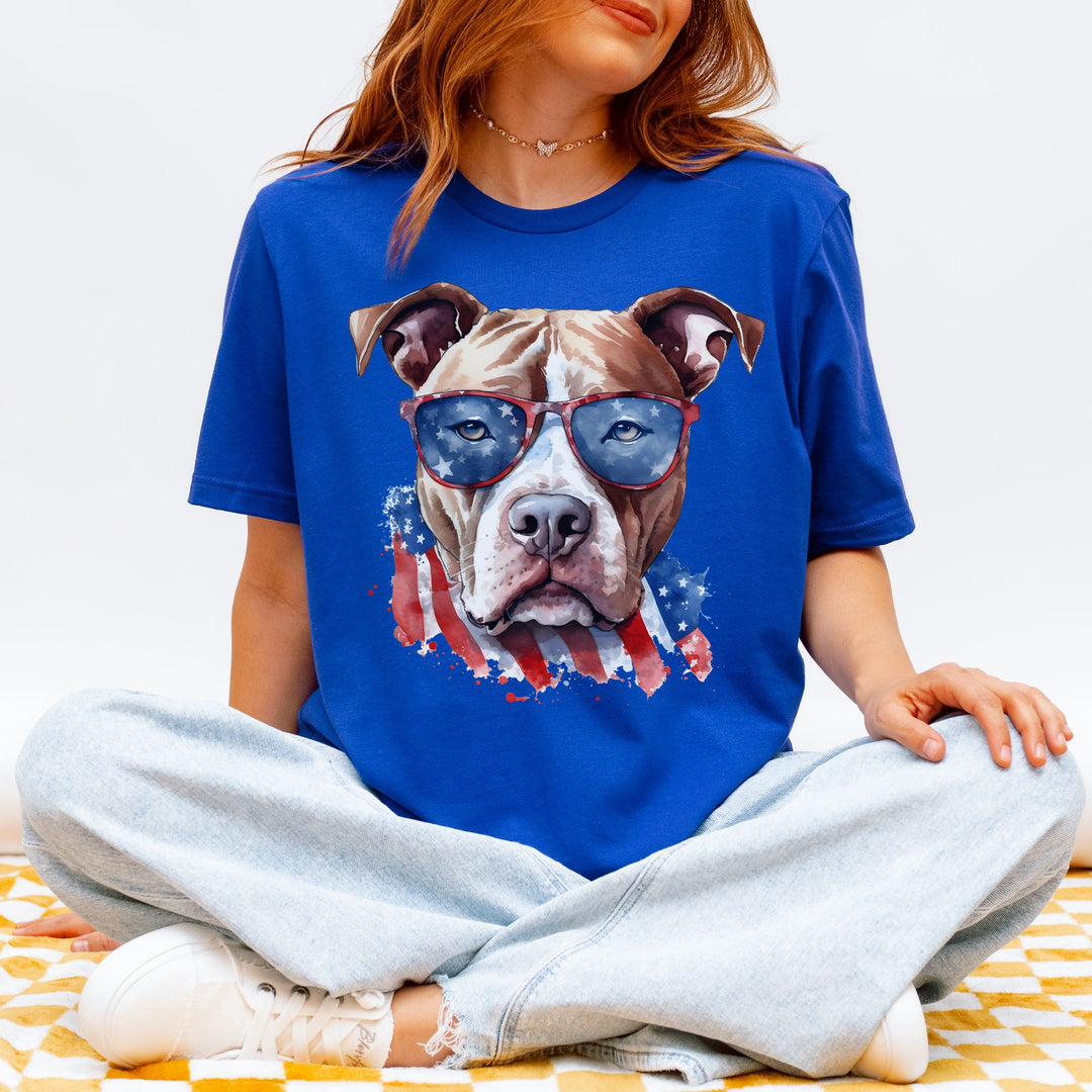 American Pit Bull Terrier with Flag Sunglasses T-Shirt | Patriotic Dog Tee - Embellish by Jackie - Handmade Greeting Cards