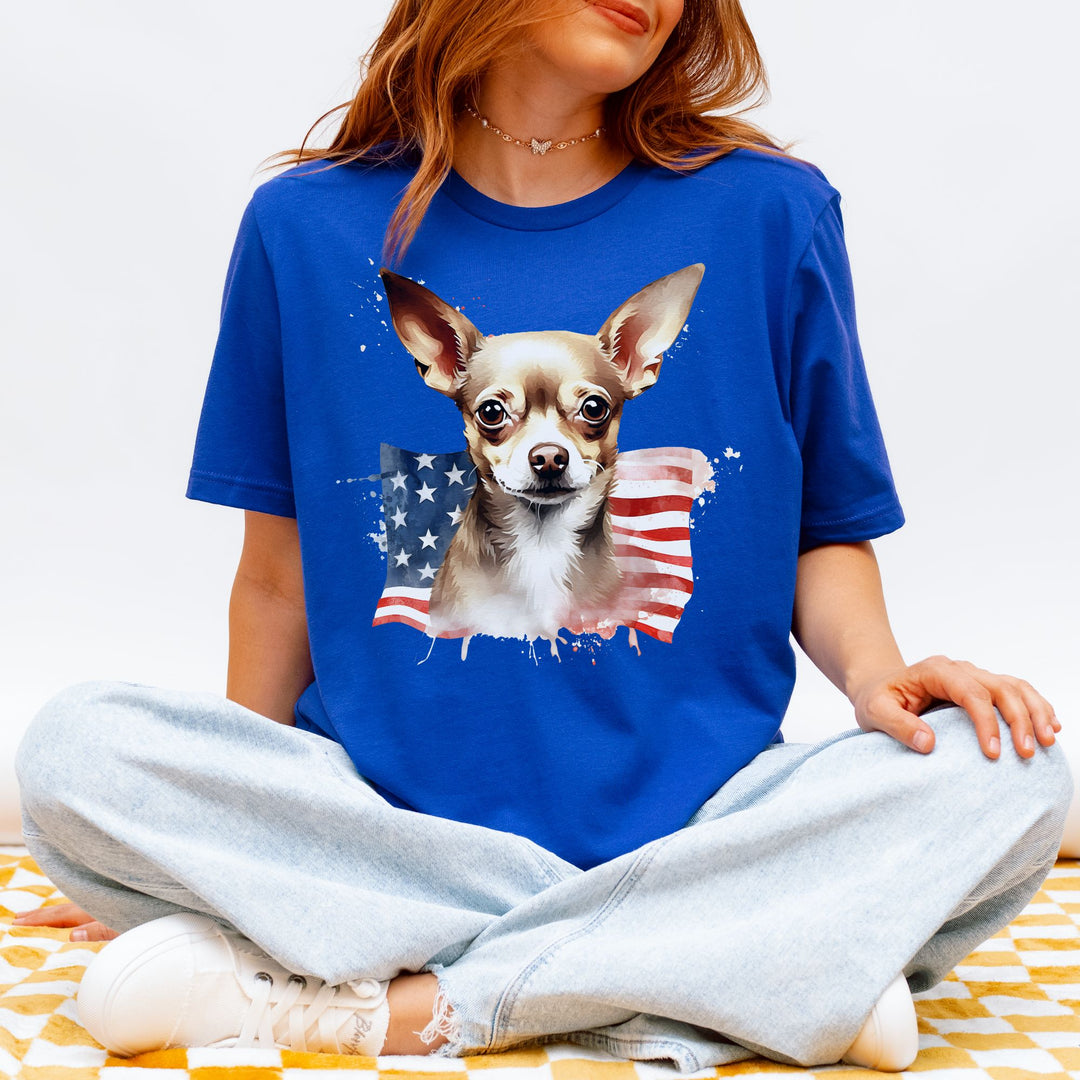Patriotic Smooth Coat Chihuahua with 4th of July Flag T-Shirt | Brown Dog Tee - Embellish by Jackie - Handmade Greeting Cards