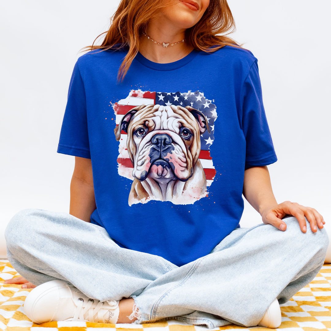 English Bulldog over American Flag Tee | Patriotic Dog Shirt - Embellish by Jackie - Handmade Greeting Cards