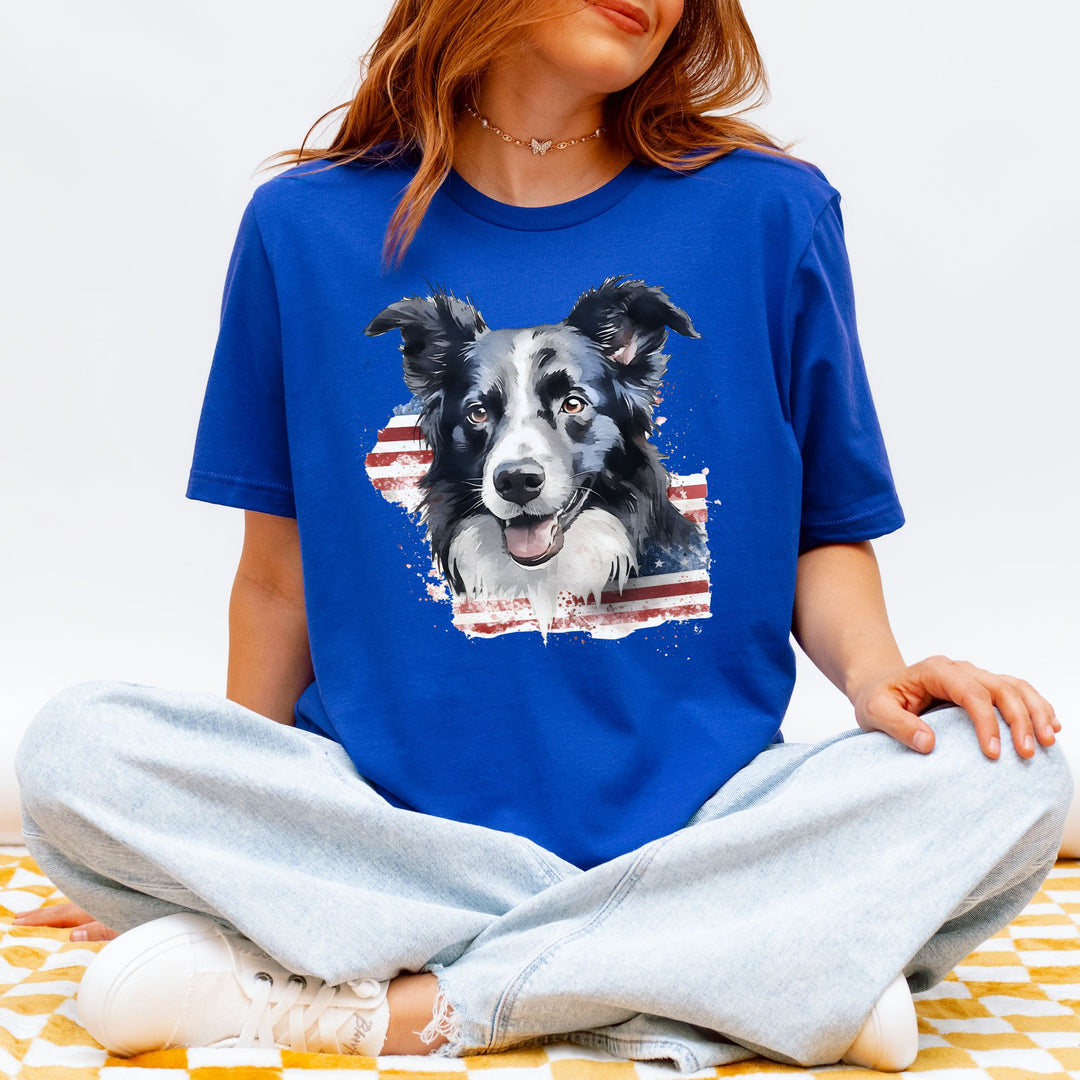 Border Collie with Distressed American Flag T-Shirt | Patriotic Dog Tee - Embellish by Jackie - Handmade Greeting Cards