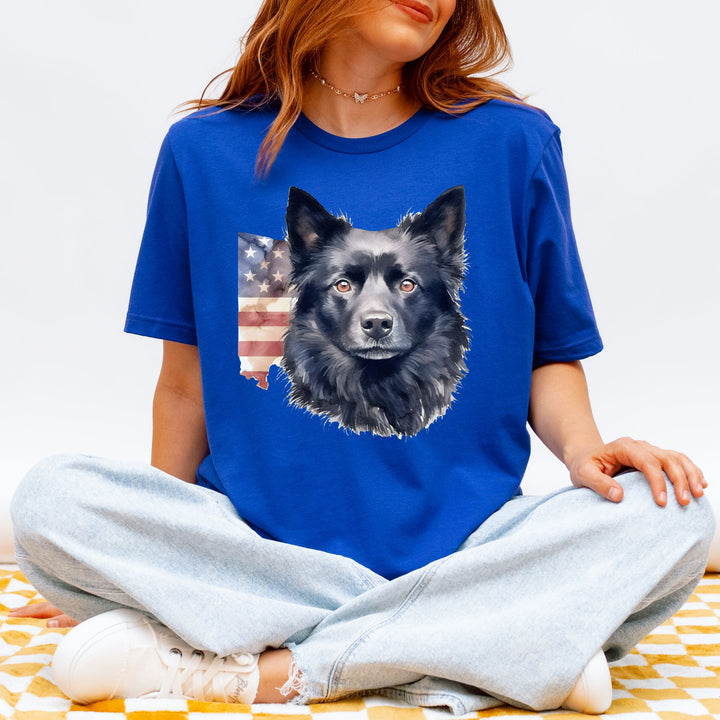 Black Schipperke Dog with Aged American Flag T-Shirt | Patriotic Dog Tee - Embellish by Jackie - Handmade Greeting Cards