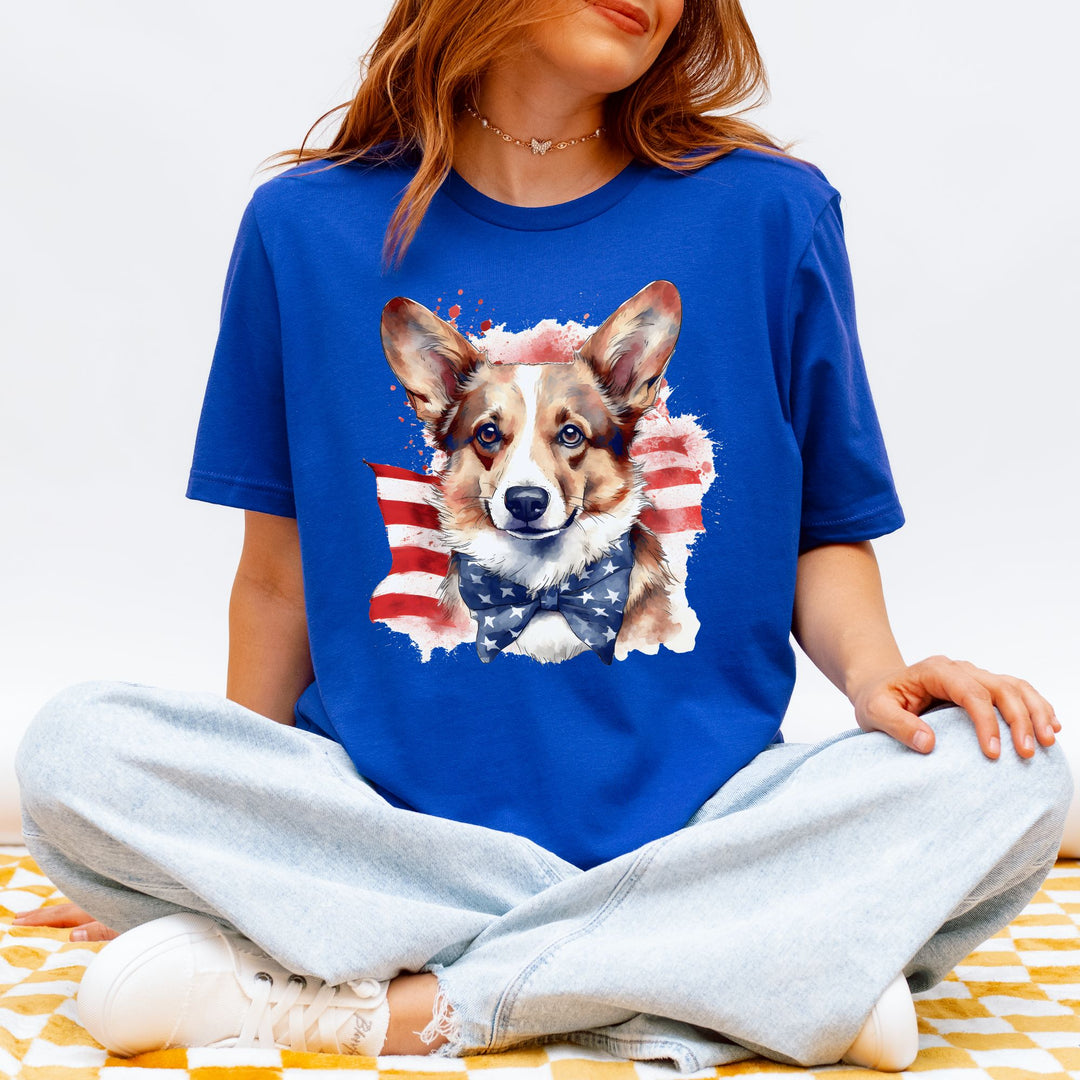 Pembroke Welsh Corgi with American Flag Stars Bowtie T-Shirt | Patriotic Corgi Tee - Embellish by Jackie - Handmade Greeting Cards
