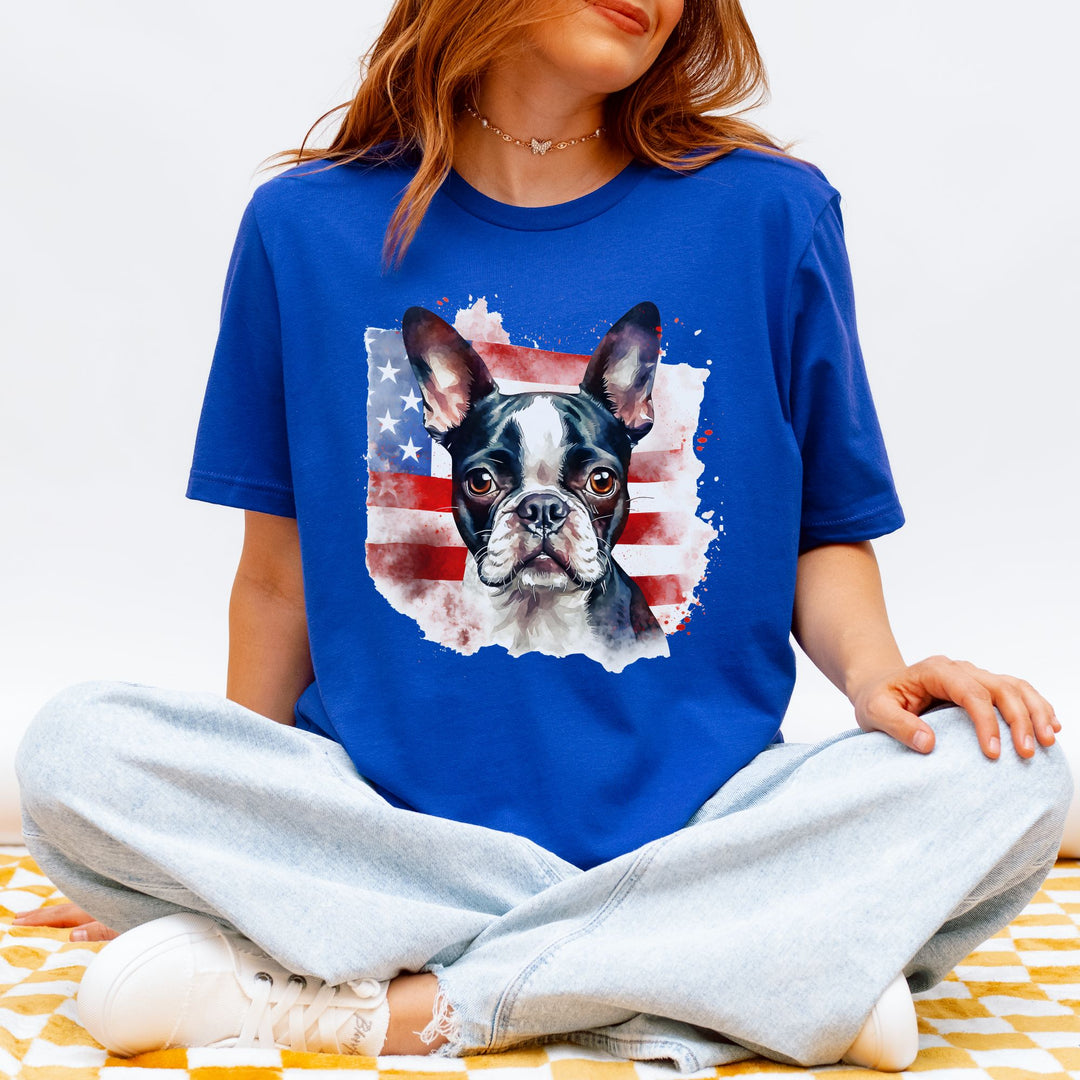 Boston Terrier over Distressed American Flag Tee | Patriotic Dog Shirt - Embellish by Jackie - Handmade Greeting Cards