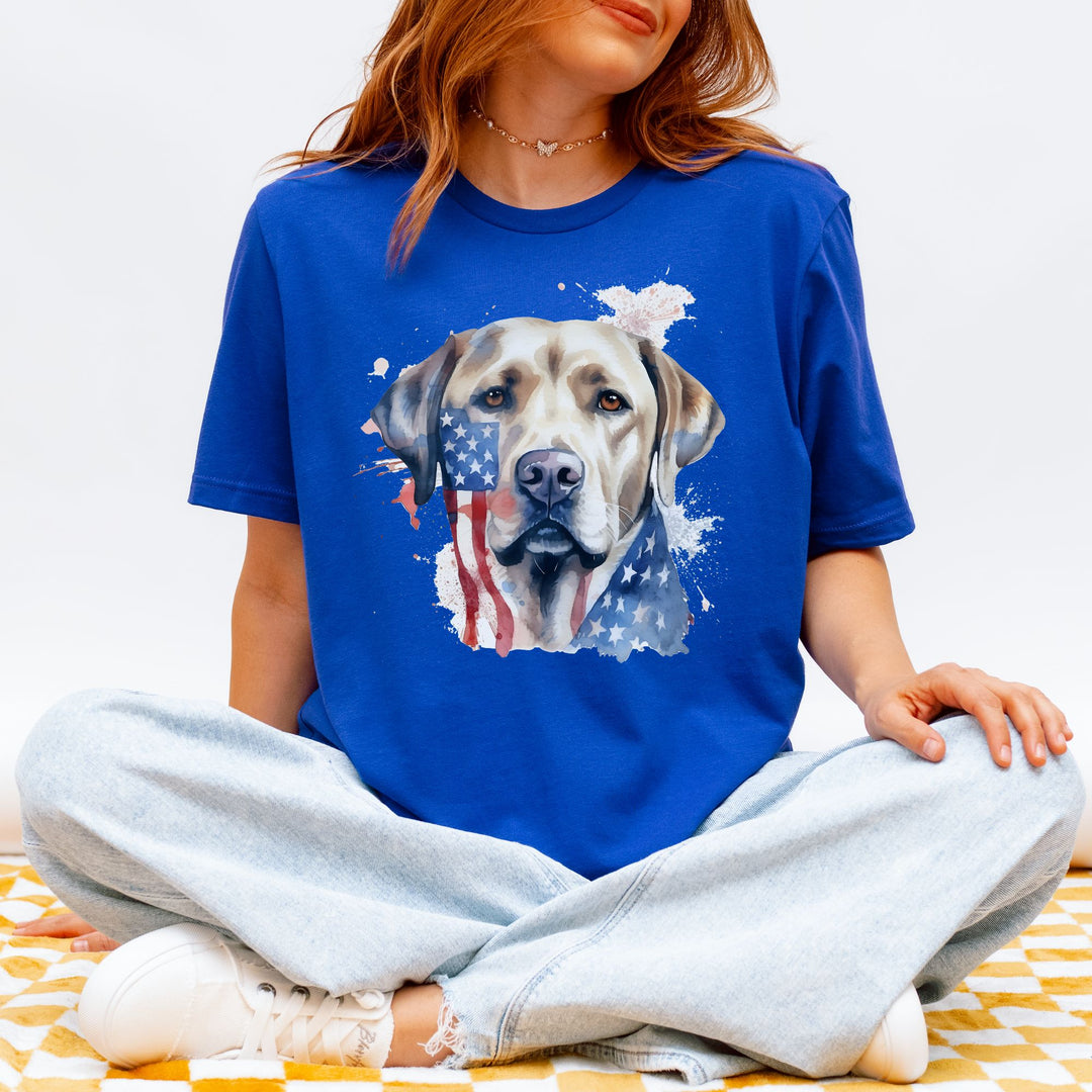 Yellow Labrador Retriever Wearing American Flag Tee T-Shirt | Dog Lover Tee - Embellish by Jackie - Handmade Greeting Cards