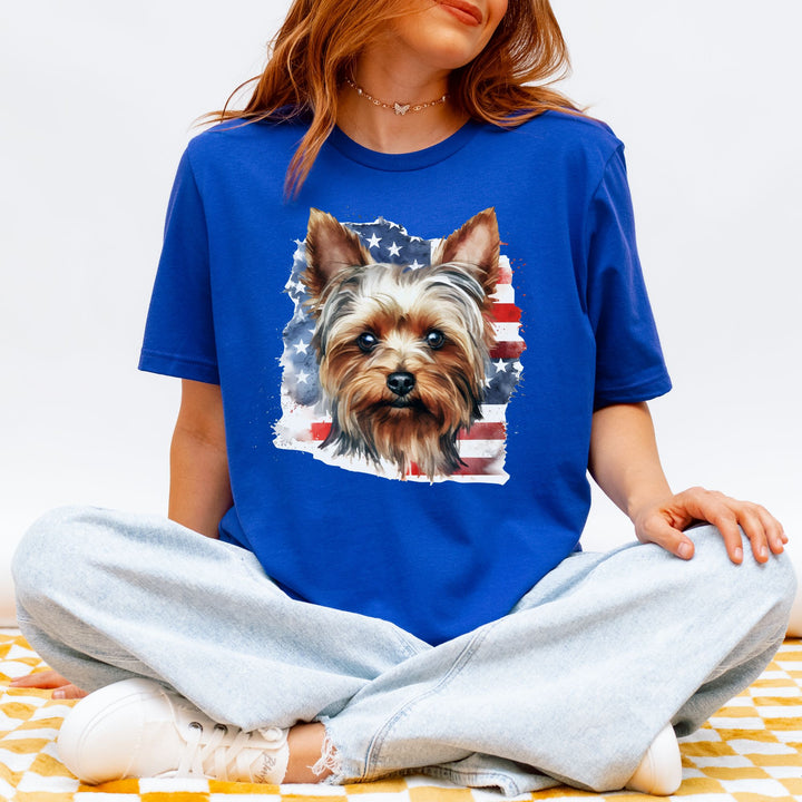 Yorkshire Terrier with American Flag T-Shirt | Patriotic Yorkie Tee - Embellish by Jackie - Handmade Greeting Cards