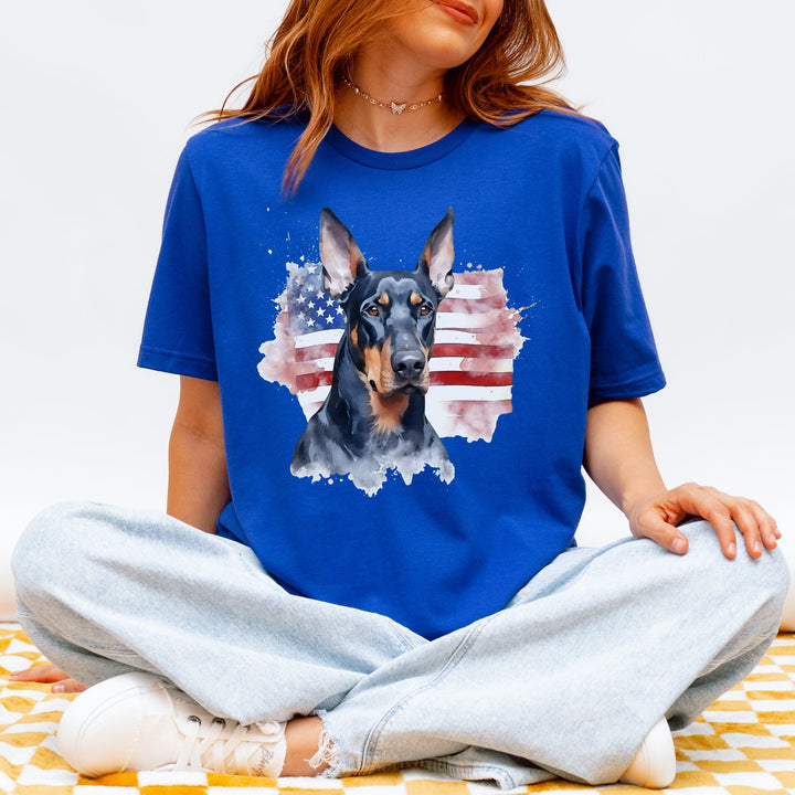 Doberman Pinscher American Flag 4th of July T-Shirt | Patriotic Dog Tee