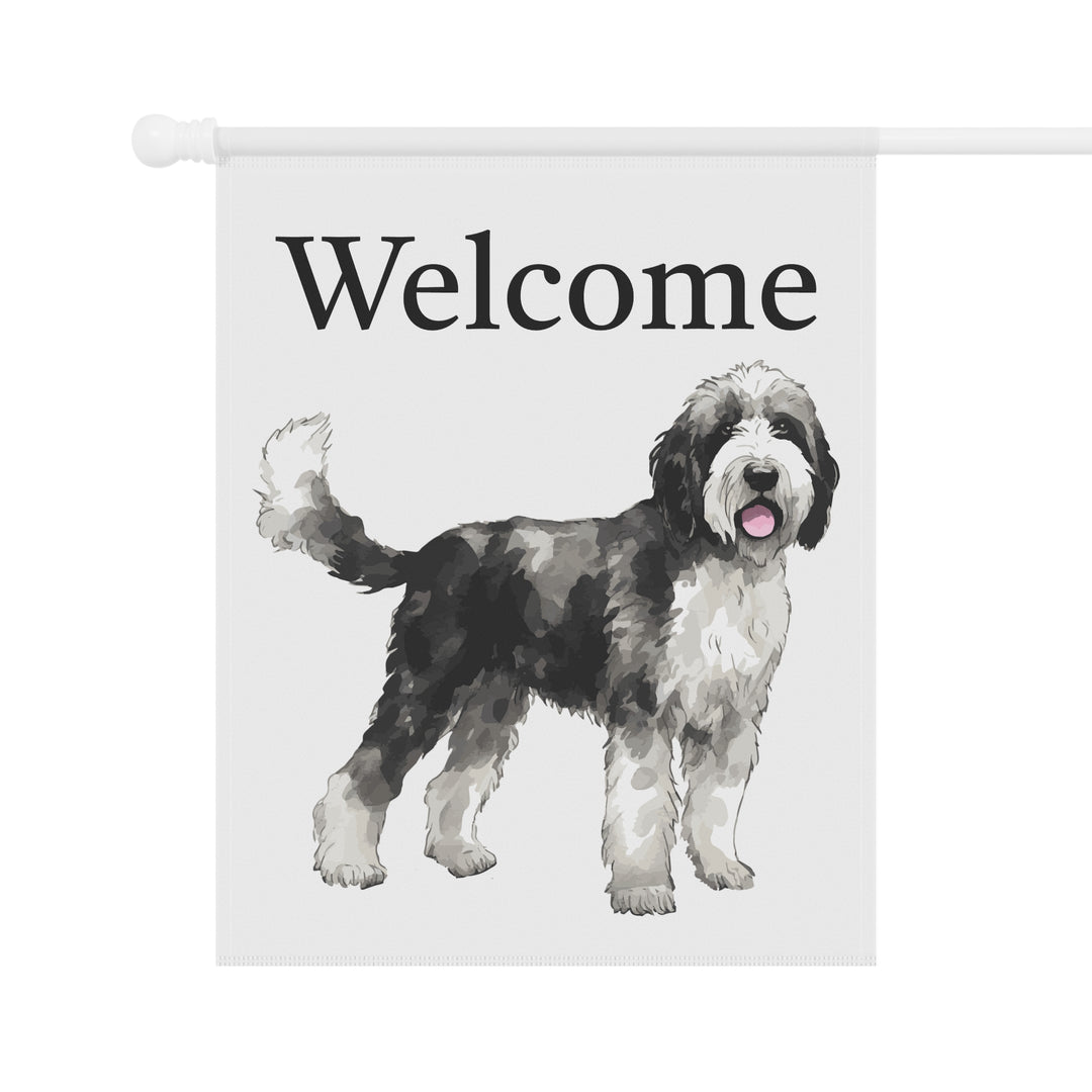 Sheepadoodle Black and White - Welcome - House Banner Flag - Decor For Dog Lovers - Sheepie