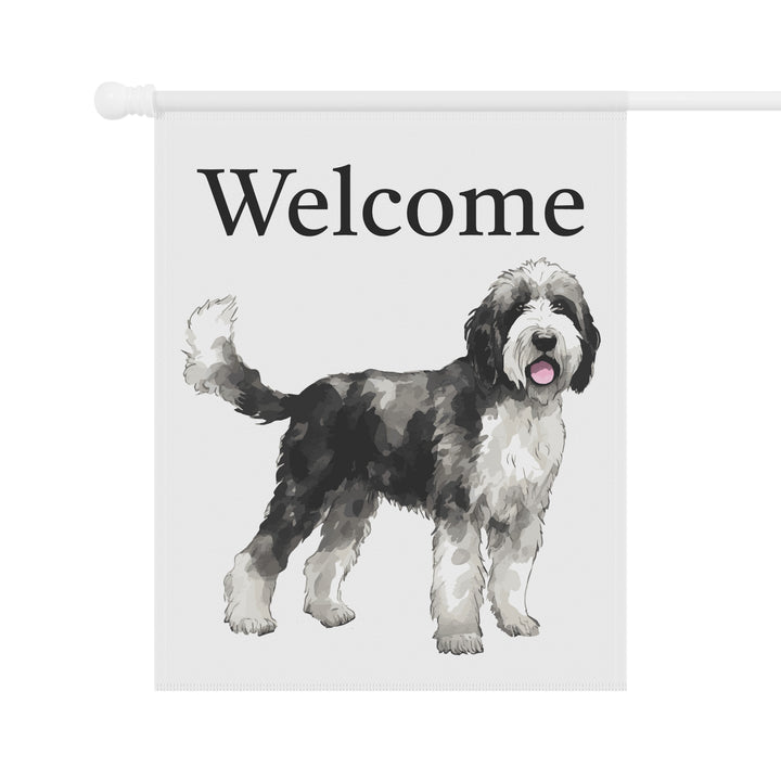 Sheepadoodle Black and White - Welcome - House Banner Flag - Decor For Dog Lovers - Sheepie