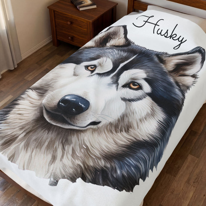 Siberian Husky Face Cozy Velveteen Blanket | Plush Throw, Dog Portrait - Embellish by Jackie - Handmade Greeting Cards