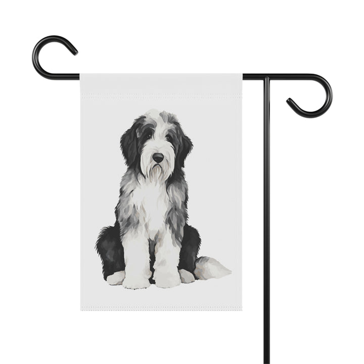 Sitting Sheepie Black and White Sheepadoodle - Garden Banner Flag - Cute Watercolor Dog themed - Old English Sheepdog