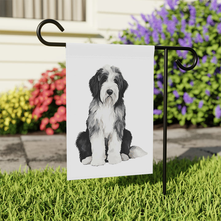 Sitting Sheepie Black and White Sheepadoodle - Garden Banner Flag - Cute Watercolor Dog themed - Old English Sheepdog