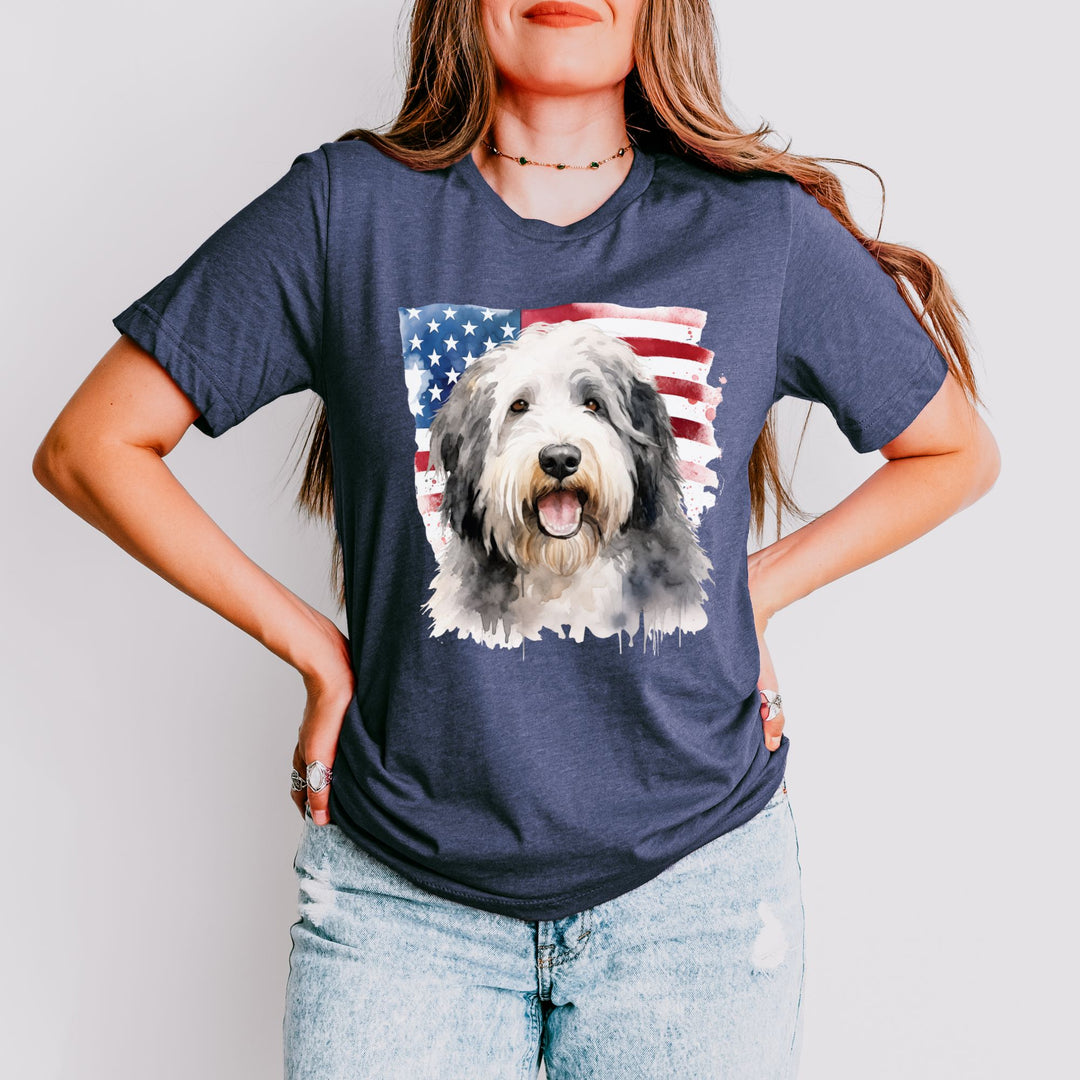 Old English Sheepdog American Flag T-Shirt | Dog Portrait Tee