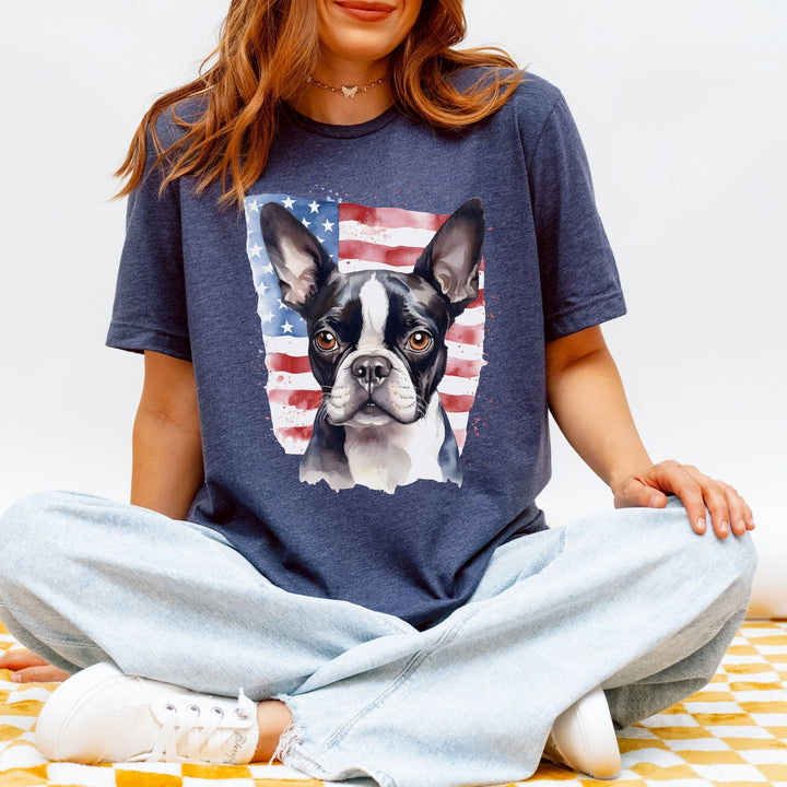 Boston Terrier with American Flag T-Shirt | Patriotic Dog Tee - Embellish by Jackie - Handmade Greeting Cards