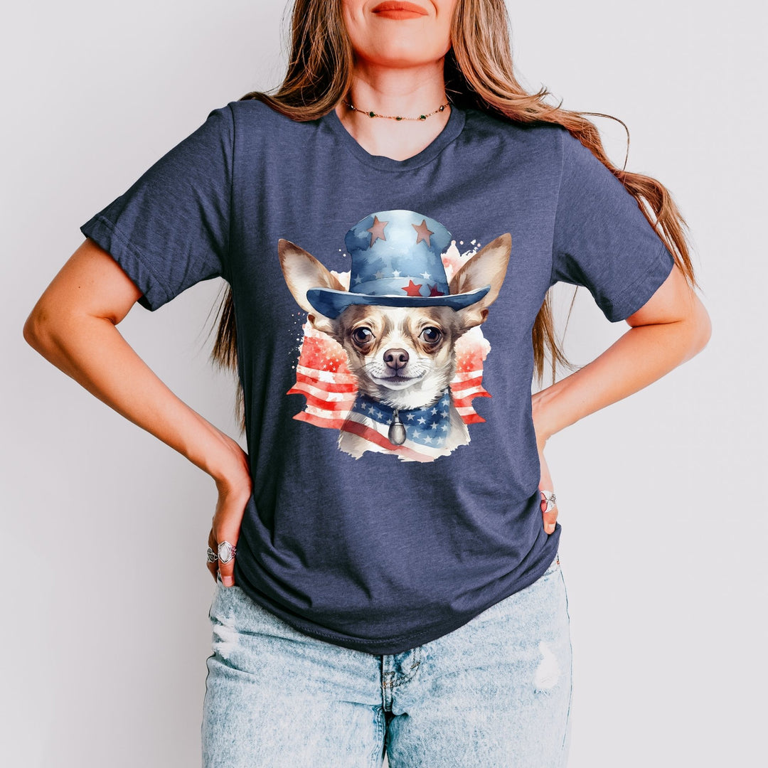 Patriotic Smooth Coat Chihuahua with American Flag Top Hat T-Shirt | Fourth of July Tee - Embellish by Jackie - Handmade Greeting Cards