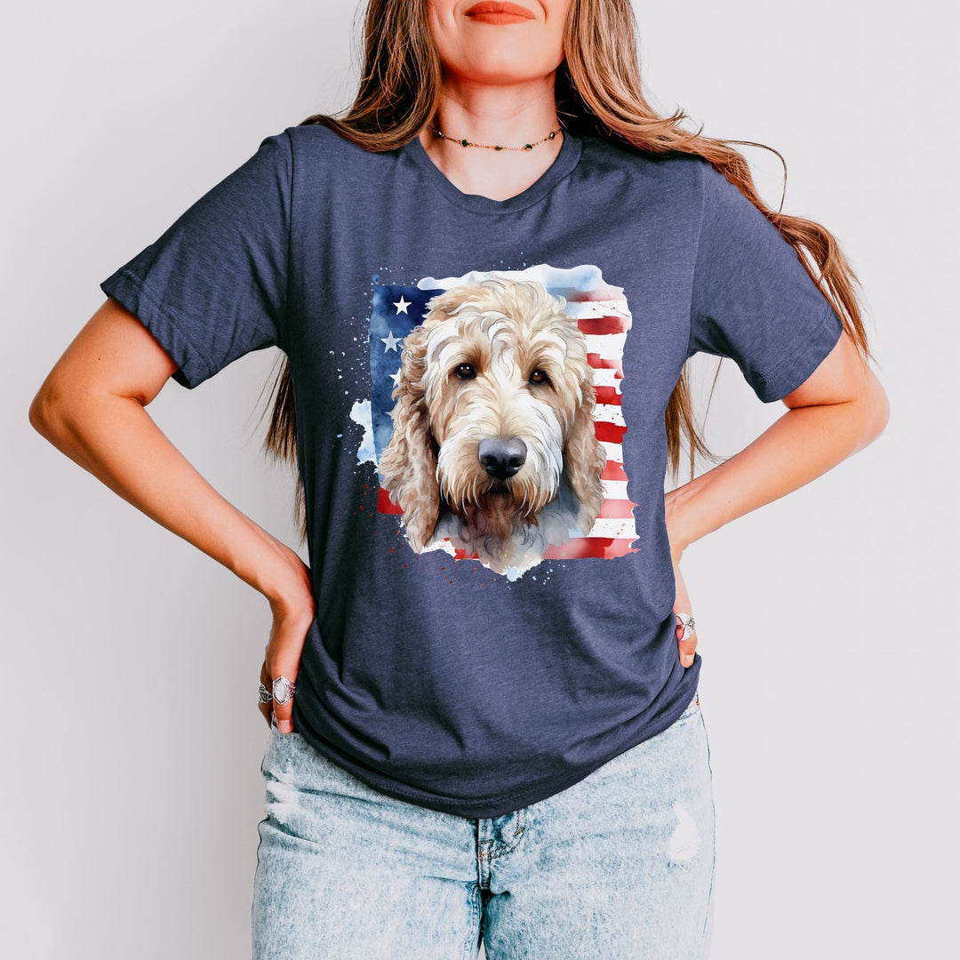 Golden Doodle with American Flag Tee | Dog USA Flag Shirt - Embellish by Jackie - Handmade Greeting Cards