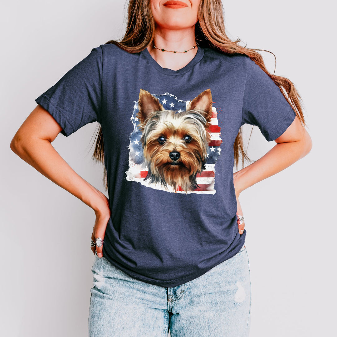 Yorkshire Terrier with American Flag T-Shirt | Patriotic Yorkie Tee - Embellish by Jackie - Handmade Greeting Cards