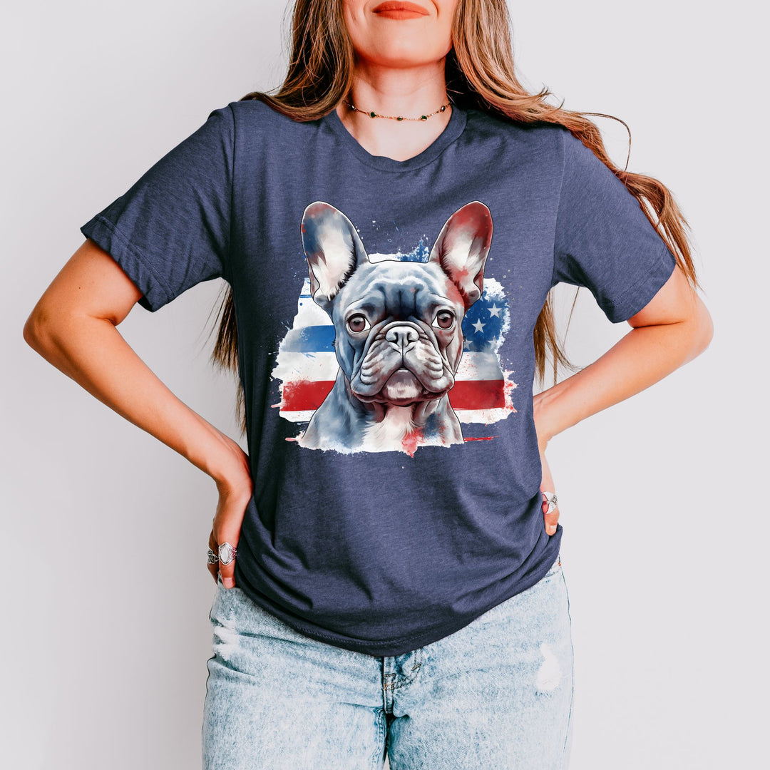 Patriotic French Bulldog T-Shirt | Dark Bulldog with Red White and Blue Design - Embellish by Jackie - Handmade Greeting Cards