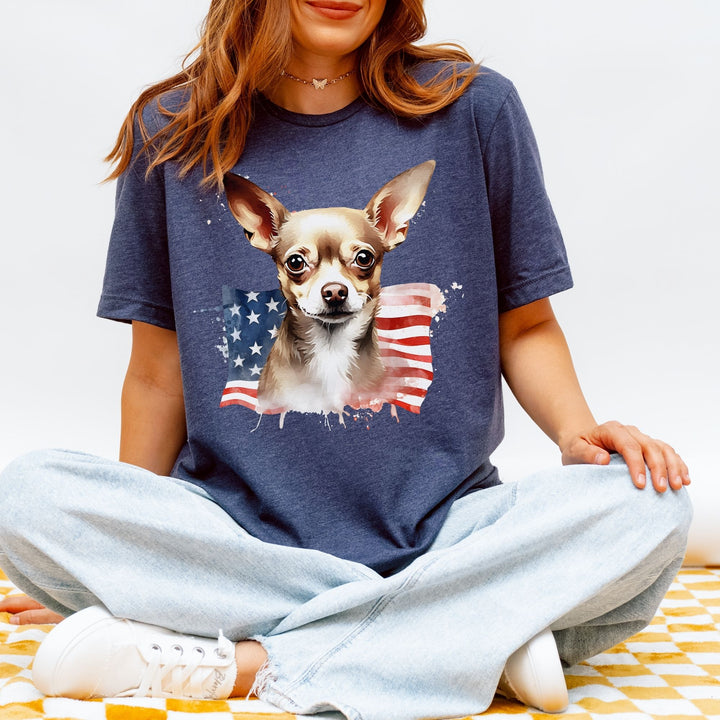 Patriotic Smooth Coat Chihuahua with 4th of July Flag T-Shirt | Brown Dog Tee - Embellish by Jackie - Handmade Greeting Cards