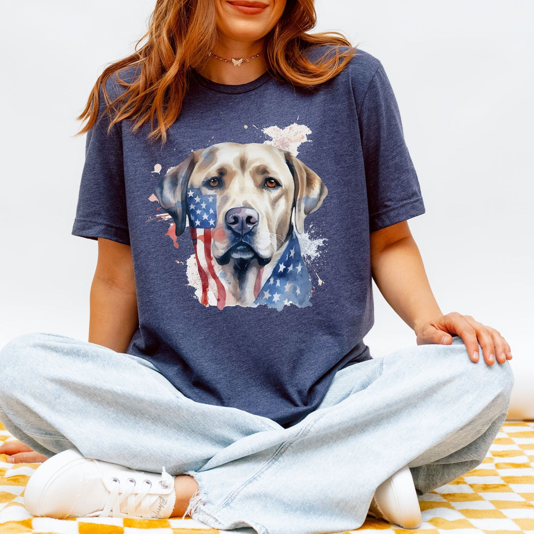 Yellow Labrador Retriever Wearing American Flag Tee T-Shirt | Dog Lover Tee - Embellish by Jackie - Handmade Greeting Cards