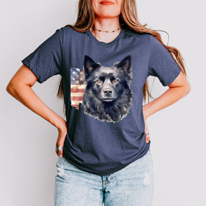 Black Schipperke Dog with Aged American Flag T-Shirt | Patriotic Dog Tee - Embellish by Jackie - Handmade Greeting Cards