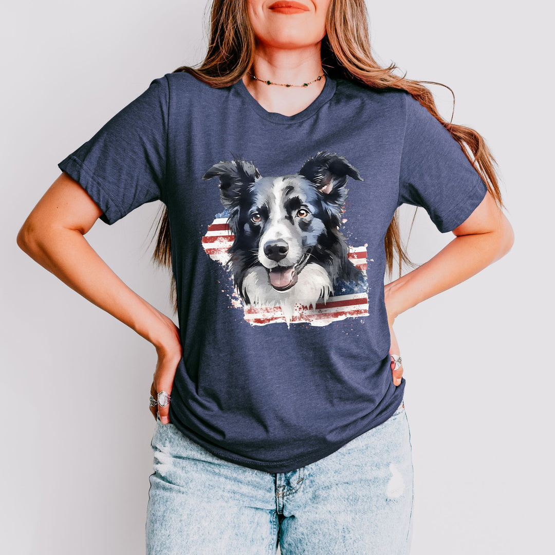 Border Collie with Distressed American Flag T-Shirt | Patriotic Dog Tee - Embellish by Jackie - Handmade Greeting Cards