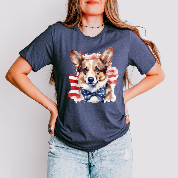 Pembroke Welsh Corgi with American Flag Stars Bowtie T-Shirt | Patriotic Corgi Tee - Embellish by Jackie - Handmade Greeting Cards