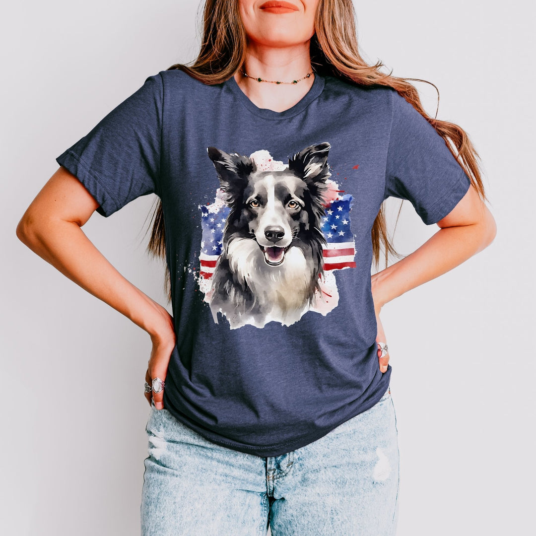 Border Collie Wearing American Flag Shirt T-Shirt | Patriotic Dog Tee - Embellish by Jackie - Handmade Greeting Cards