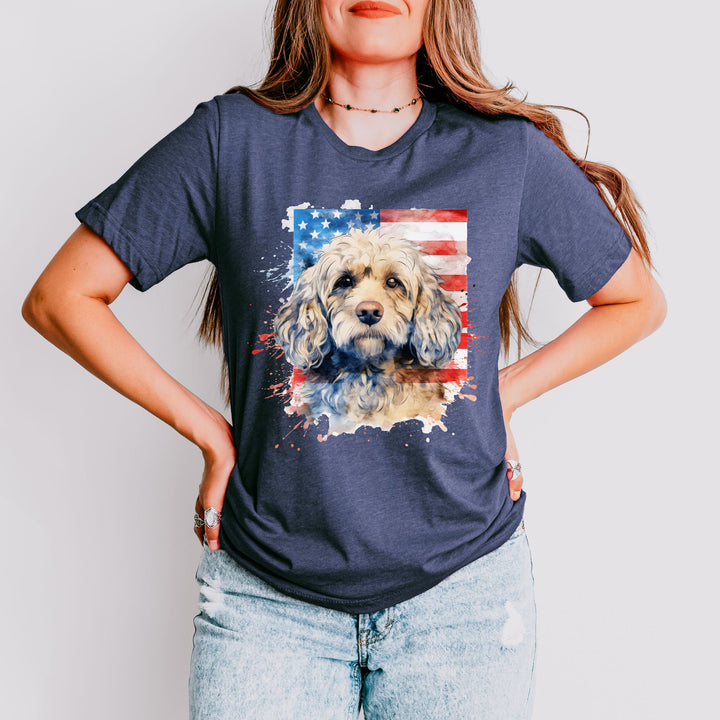 Fawn Cockapoo with American Flag Tee | Patriotic Dog Shirt - Embellish by Jackie - Handmade Greeting Cards