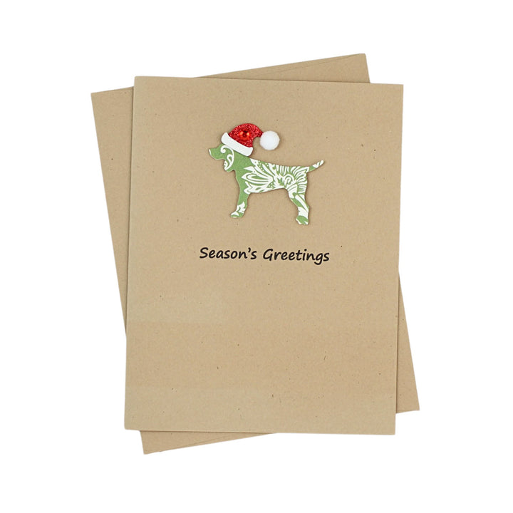 Dog Christmas Cards Single Green Damask Generic Dog with Santa Hat