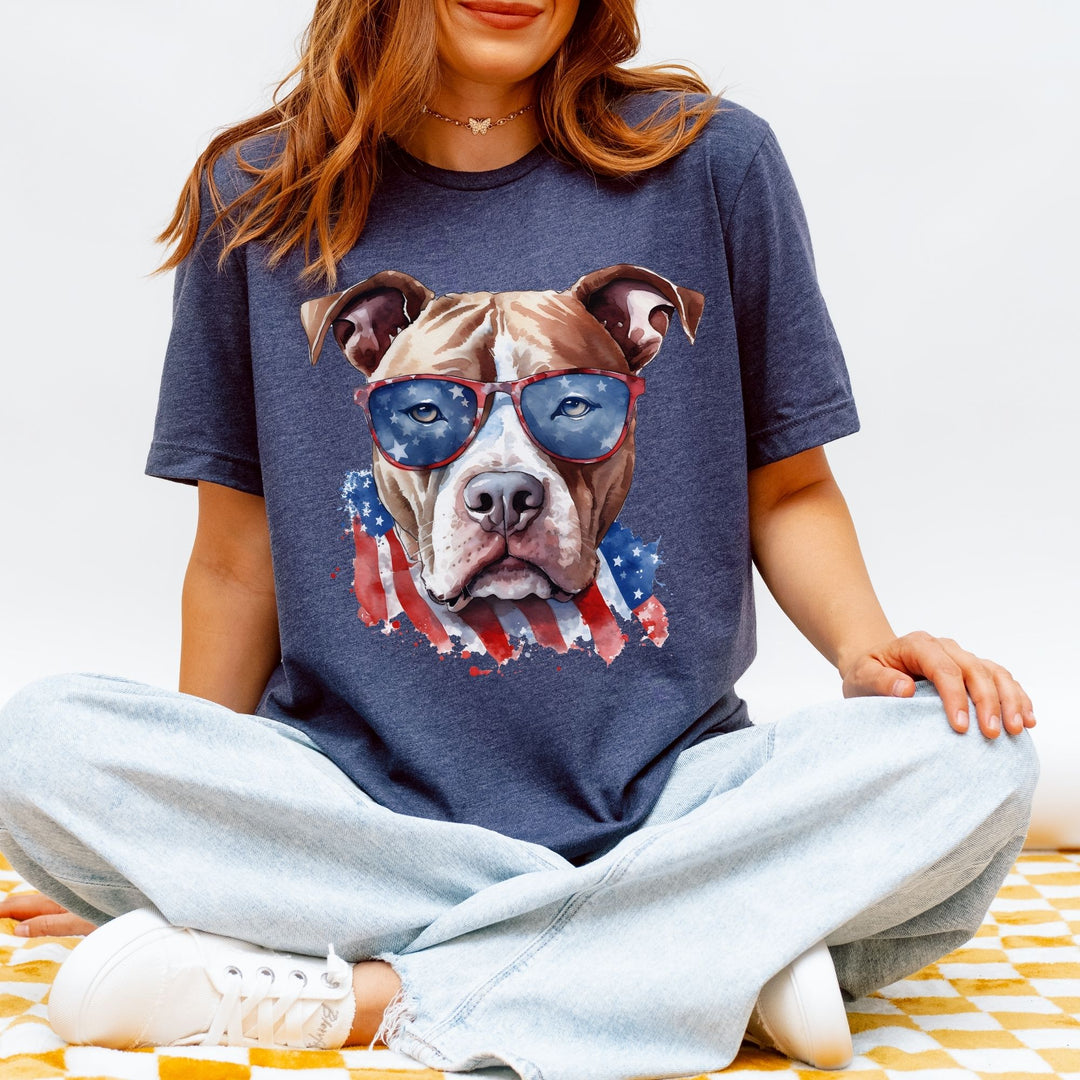 American Pit Bull Terrier with Flag Sunglasses T-Shirt | Patriotic Dog Tee - Embellish by Jackie - Handmade Greeting Cards