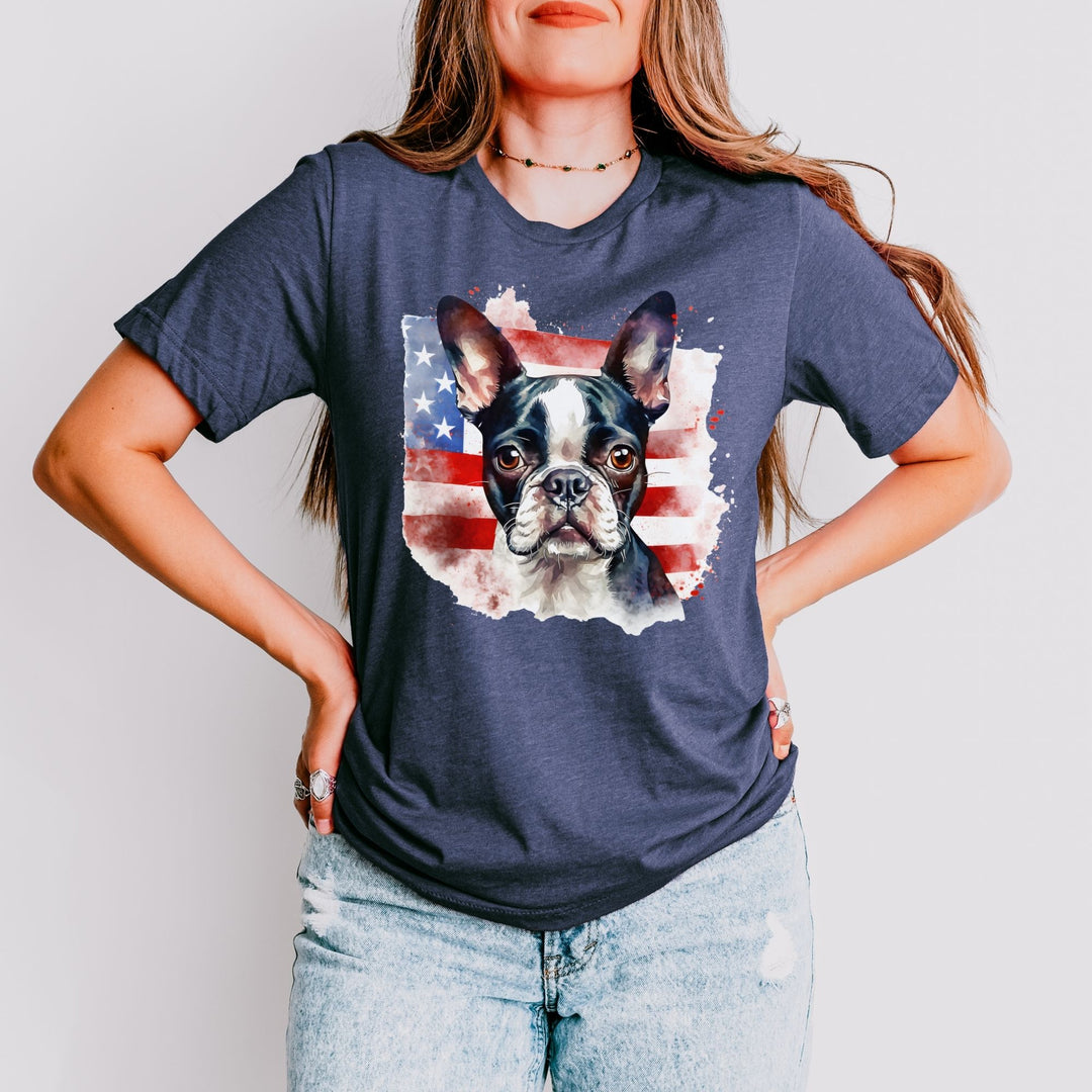Boston Terrier over Distressed American Flag Tee | Patriotic Dog Shirt - Embellish by Jackie - Handmade Greeting Cards