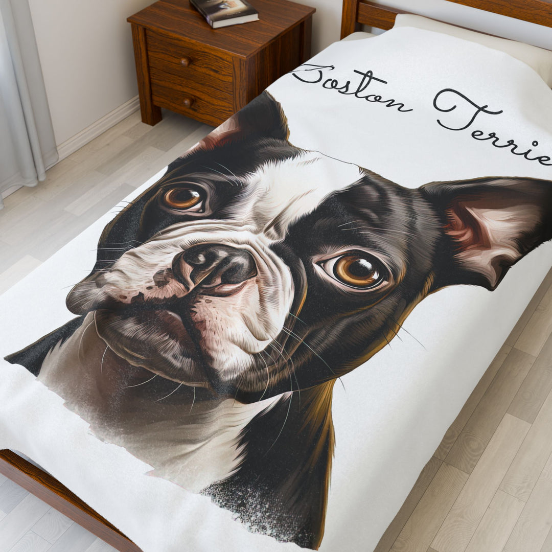 Boston Terrier Velveteen Plush Blanket with White Background - 3 Sizes available cozy throw dog lover - Pet mom gift