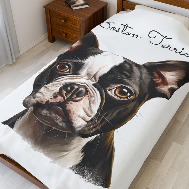Boston Terrier Velveteen Plush Blanket with White Background - 3 Sizes available cozy throw dog lover - Pet mom gift