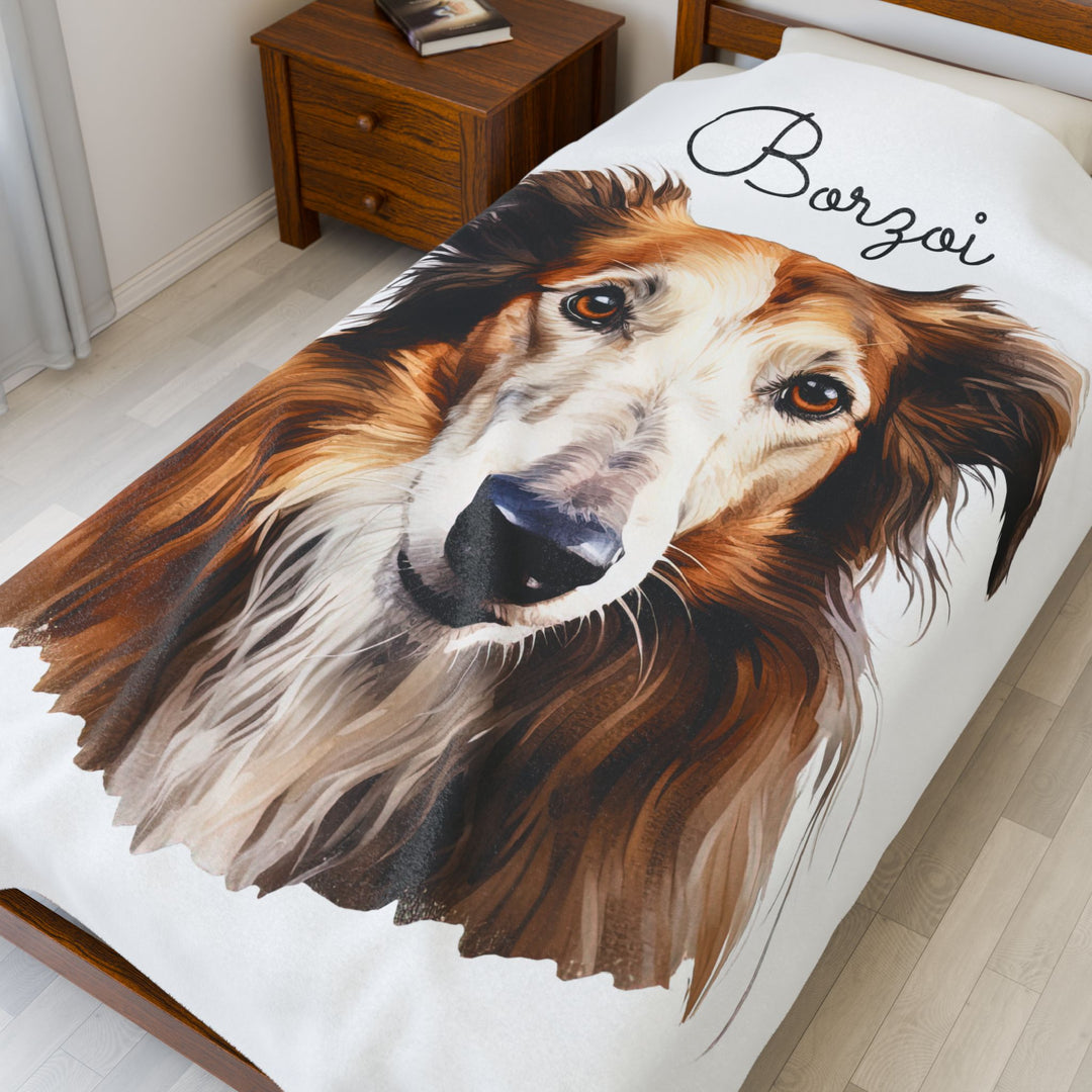 Borzoi Velveteen Plush Blanket with White Background - 3 Sizes available cozy throw dog lover - Pet mom gift