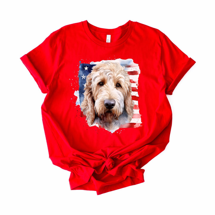 Golden Doodle with American Flag Tee | Dog USA Flag Shirt - Embellish by Jackie - Handmade Greeting Cards