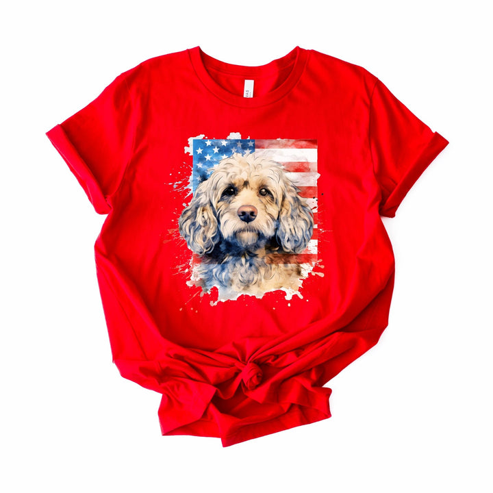 Fawn Cockapoo with American Flag Tee | Patriotic Dog Shirt - Embellish by Jackie - Handmade Greeting Cards
