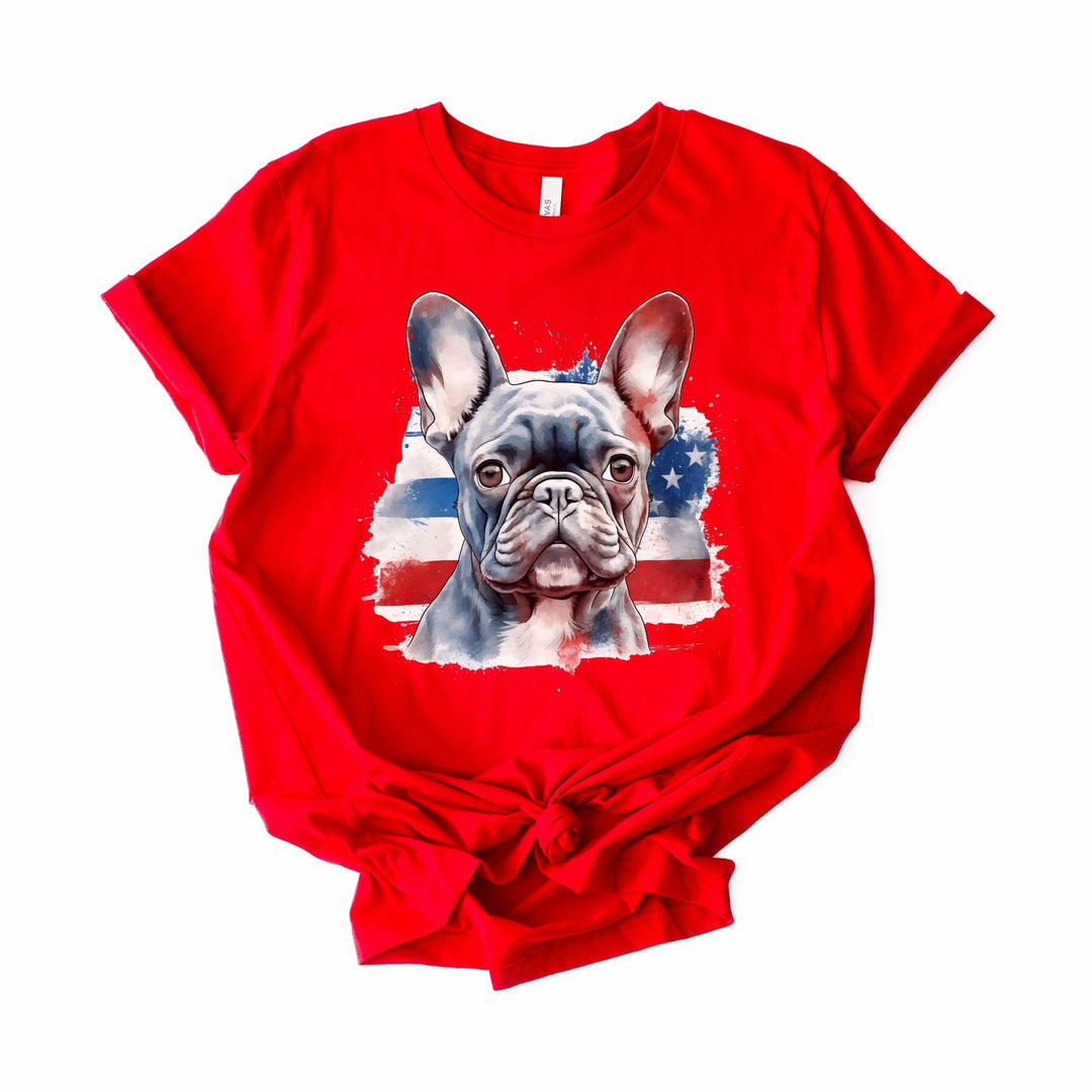 Patriotic French Bulldog T-Shirt | Dark Bulldog with Red White and Blue Design - Embellish by Jackie - Handmade Greeting Cards