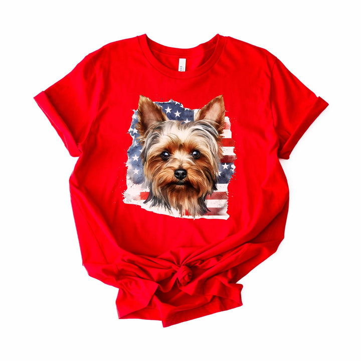 Yorkshire Terrier with American Flag T-Shirt | Patriotic Yorkie Tee - Embellish by Jackie - Handmade Greeting Cards