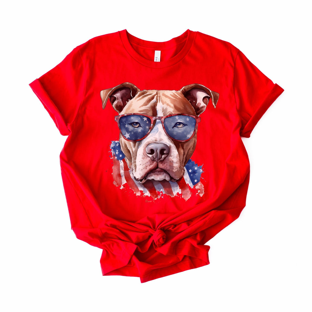 American Pit Bull Terrier with Flag Sunglasses T-Shirt | Patriotic Dog Tee - Embellish by Jackie - Handmade Greeting Cards