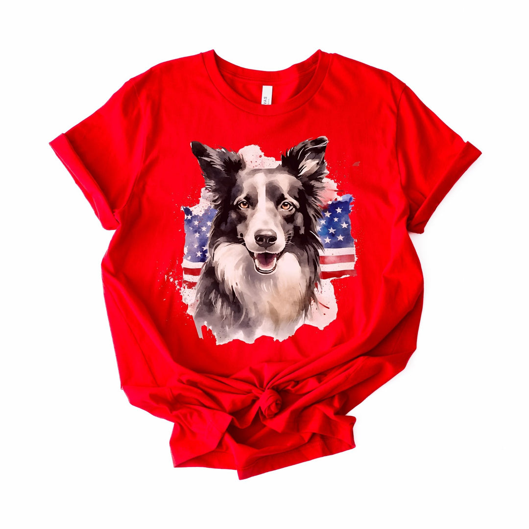 Border Collie Wearing American Flag Shirt T-Shirt | Patriotic Dog Tee - Embellish by Jackie - Handmade Greeting Cards
