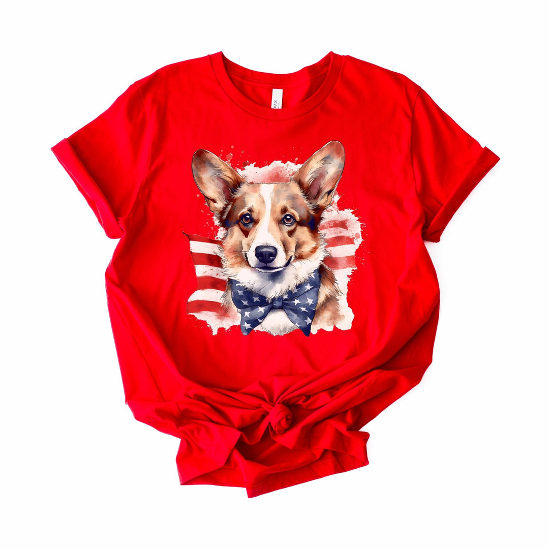 Pembroke Welsh Corgi with American Flag Stars Bowtie T-Shirt | Patriotic Corgi Tee - Embellish by Jackie - Handmade Greeting Cards