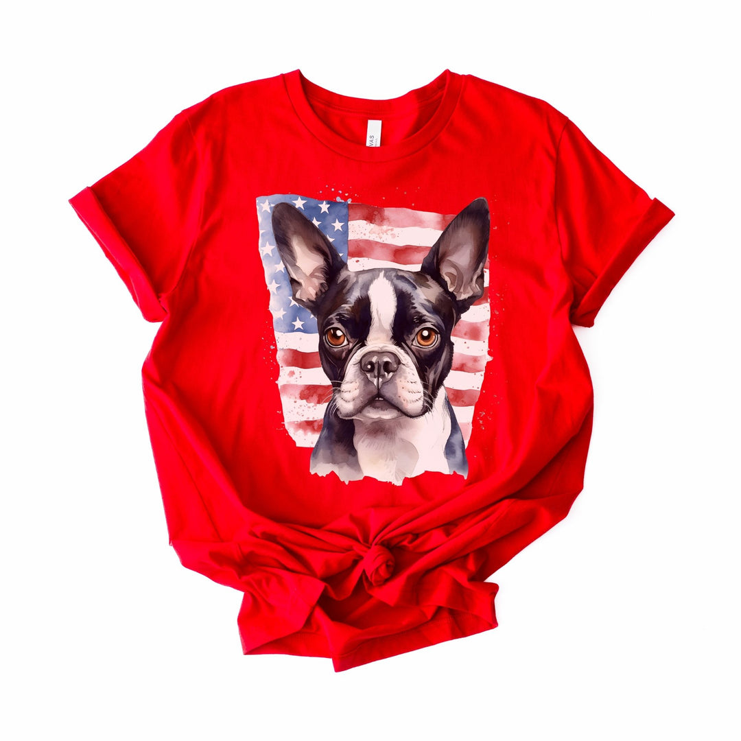 Boston Terrier with American Flag T-Shirt | Patriotic Dog Tee - Embellish by Jackie - Handmade Greeting Cards