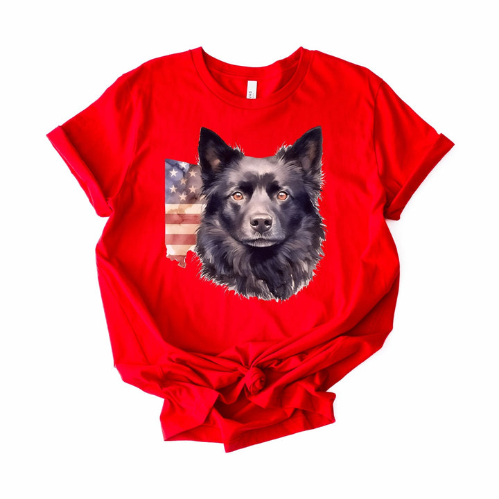 Black Schipperke Dog with Aged American Flag T-Shirt | Patriotic Dog Tee - Embellish by Jackie - Handmade Greeting Cards