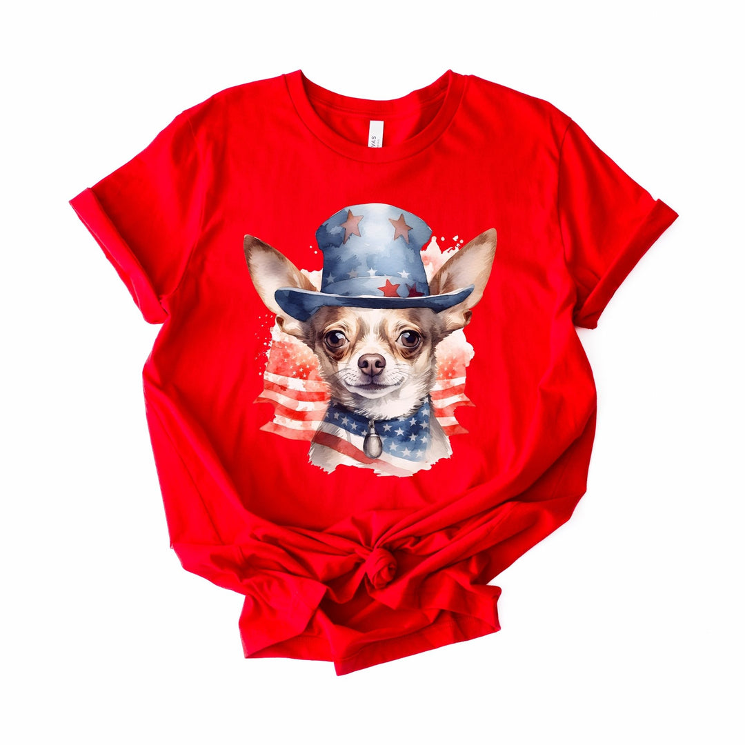 Patriotic Smooth Coat Chihuahua with American Flag Top Hat T-Shirt | Fourth of July Tee - Embellish by Jackie - Handmade Greeting Cards